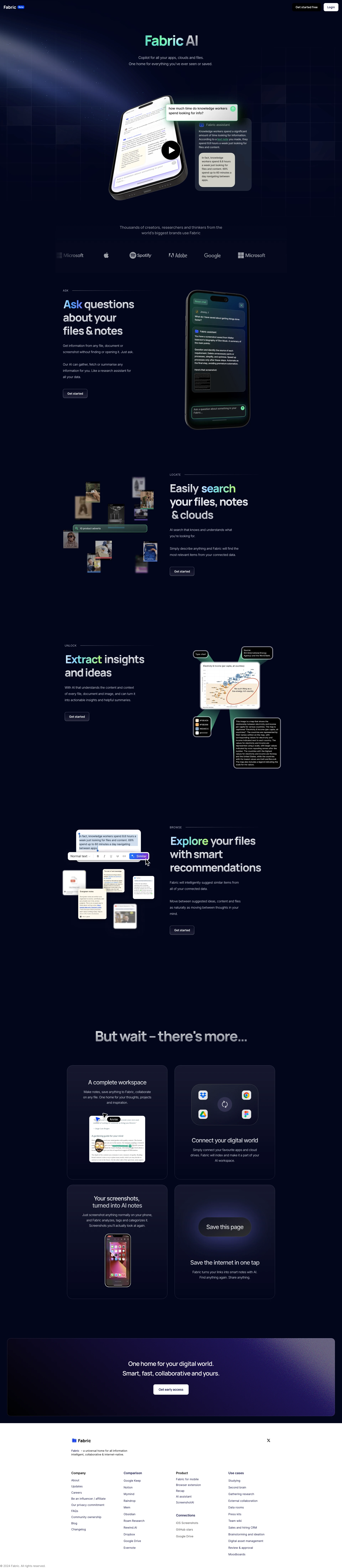 Fabric Landing Page Example: One home for everything. A file explorer and workspace for the internet age. All your drives, clouds, notes, screenshots, links, and files automatically gathered into one self-organizing home. Never forget anything again.