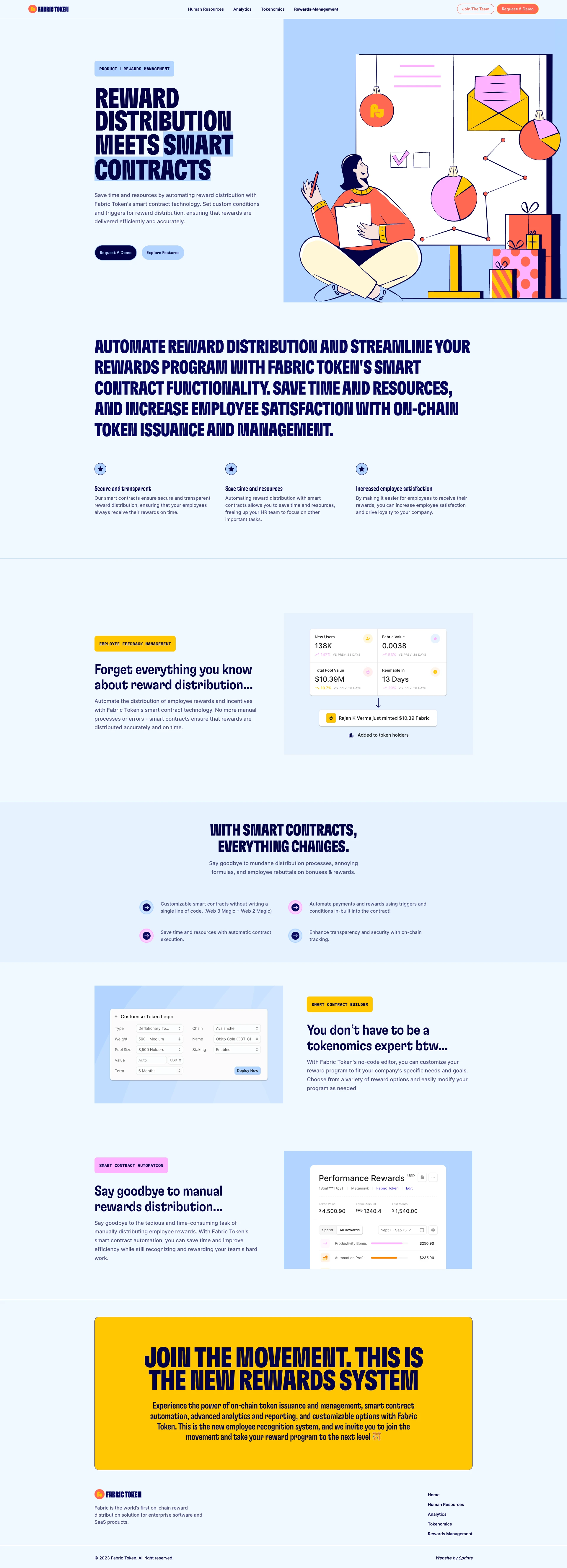 Fabric Token Landing Page Example: Fabric Token is an all-in-one platform for managing employee rewards and incentives, including token issuance and management, smart contract automation, advanced analytics and reporting, and customizable options.