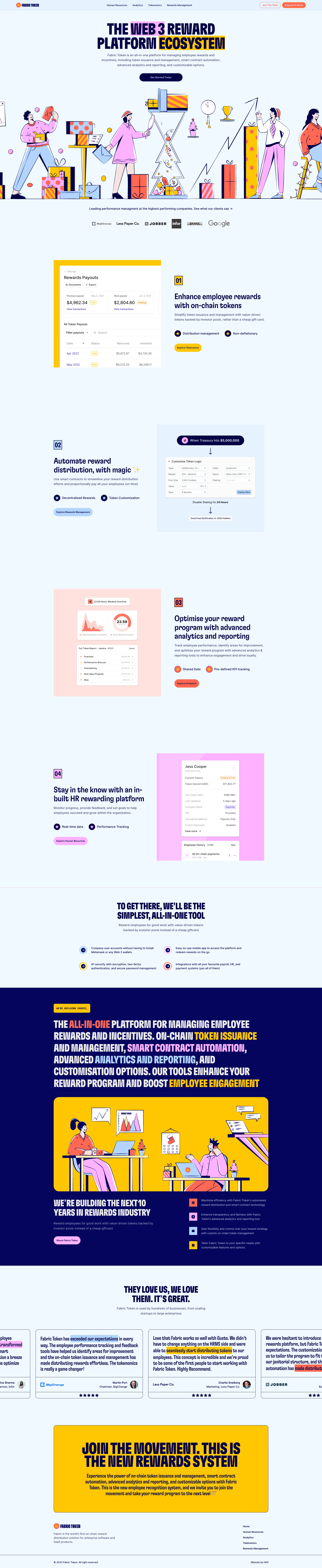 Fabric Token Landing Page Example: Fabric Token is an all-in-one platform for managing employee rewards and incentives, including token issuance and management, smart contract automation, advanced analytics and reporting, and customizable options.