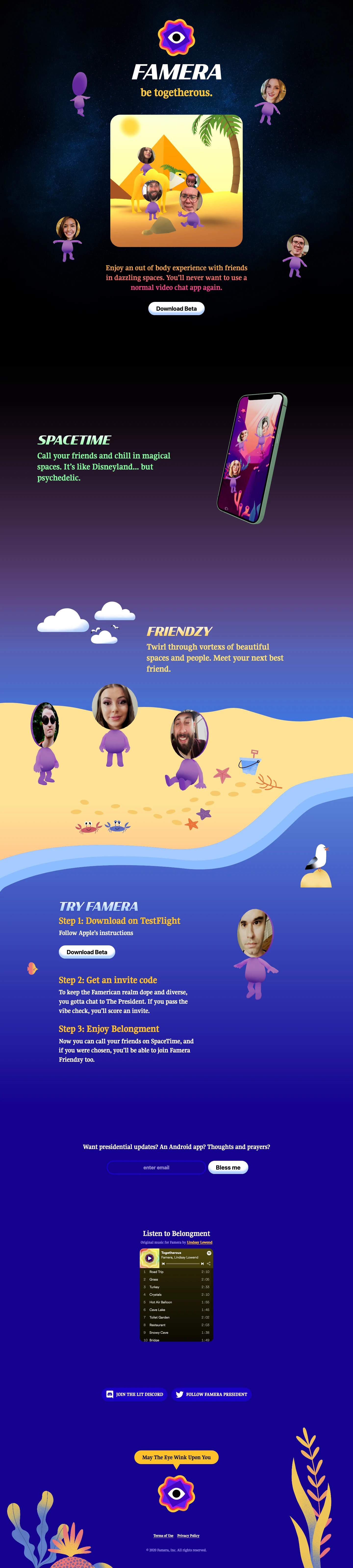 Famera Landing Page Example: Enjoy an out of body experience with friends in dazzling spaces. You’ll never want to use a normal video chat app again.