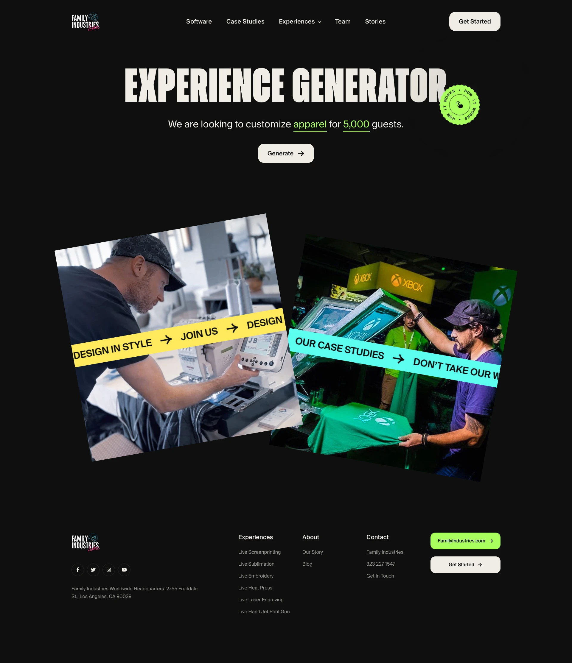 Family Industries Live Landing Page Example: On-site customization and gifting featuring live screen printing, live sublimation, live embroidery, live heat press, live laser engraving, hand jet printing, and virtual events customizations.
