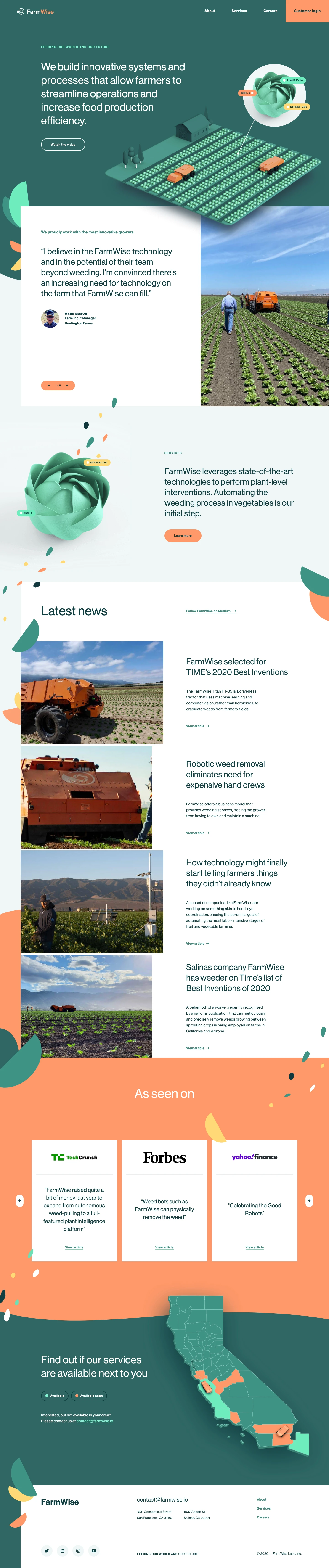 FarmWise Landing Page Example: We build innovative systems and processes that allow farmers to streamline operations and increase food production efficiency.
