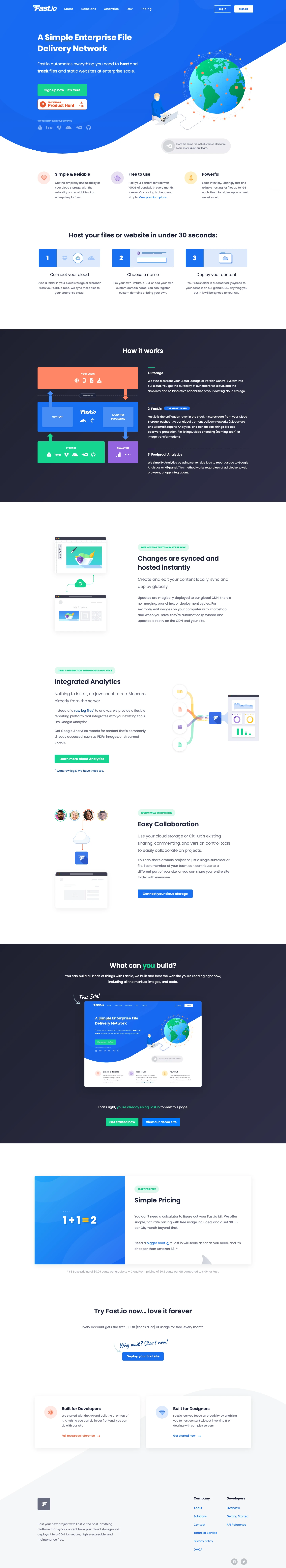 Fast.io Landing Page Example: An all-in-one platform to simply host websites and files up to 1GB, with custom domains, and analytics.