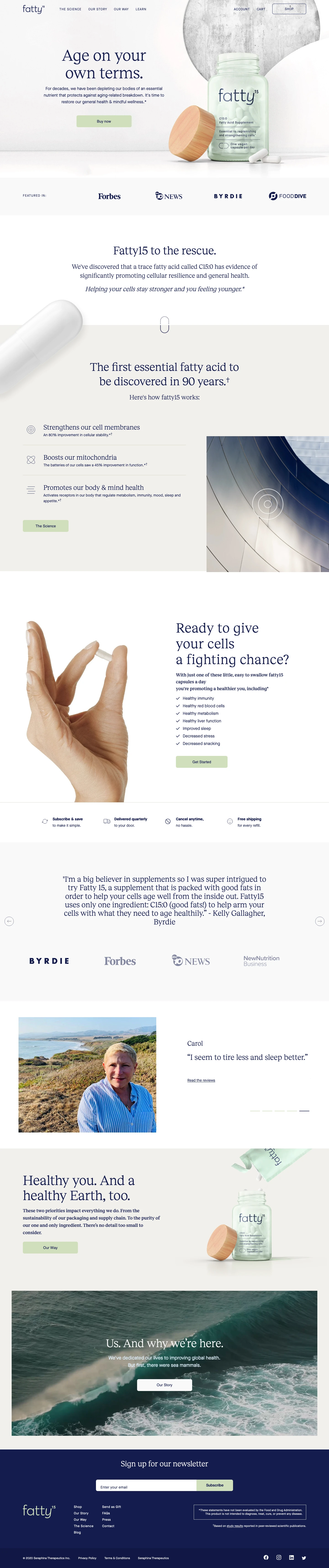 fatty15 Landing Page Example: Age on your own terms. For decades, we have been depleting our bodies of an essential nutrient that protects against aging-related breakdown. It's time to restore our general health & mindful wellness.