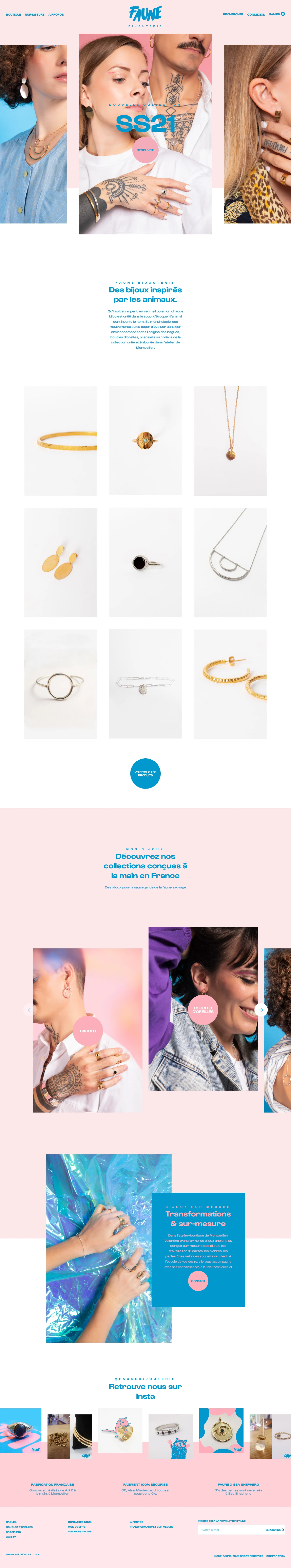 Fauna Landing Page Example: Rings, earrings, bracelets or necklaces created and crafted by hand in the Montpellier workshop.