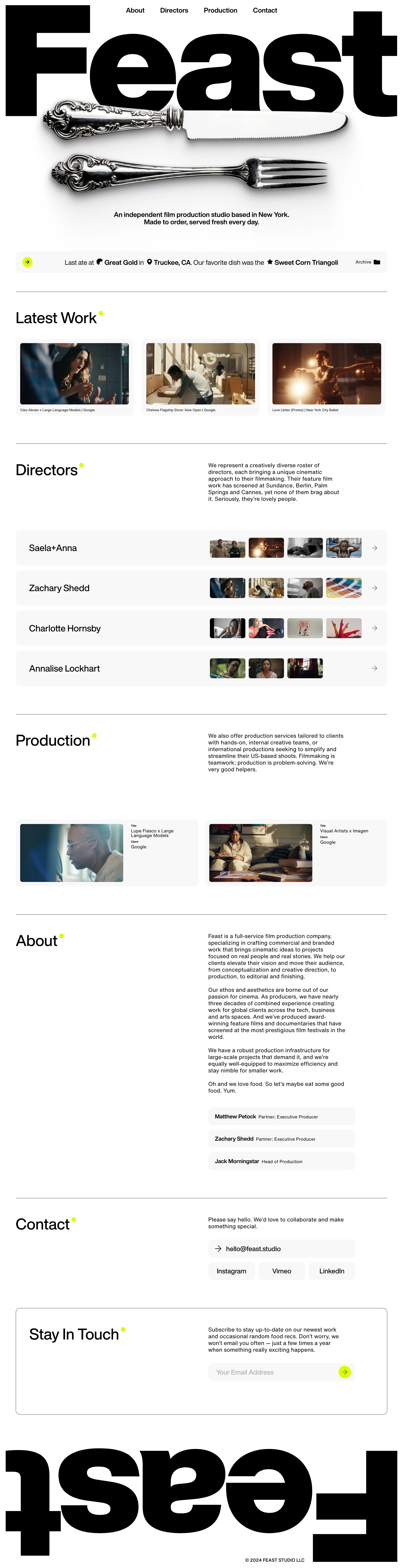 Feast Studio Landing Page Example: An independent film production studio based in New York. Made to order, served fresh every day.