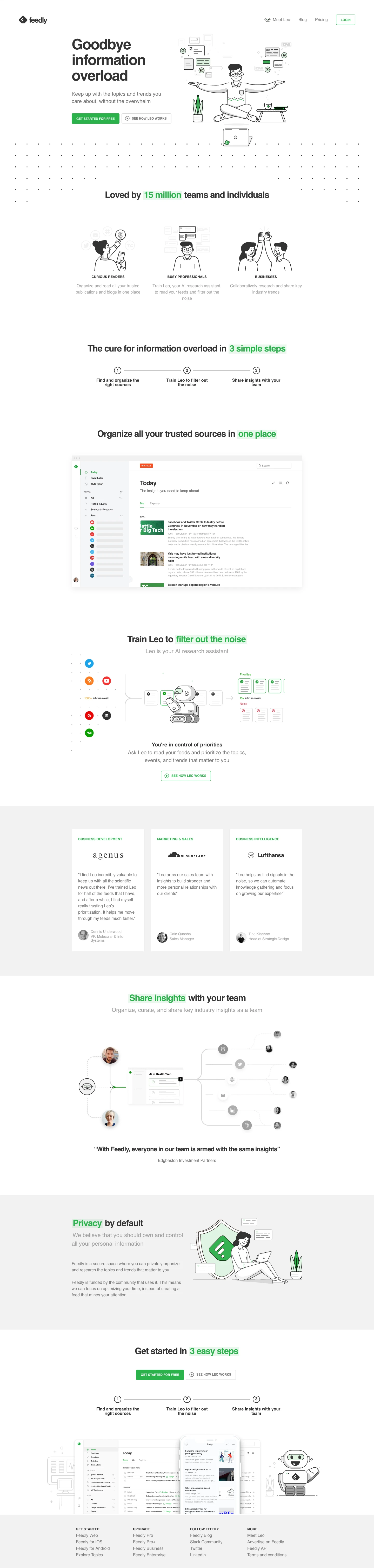 Feedly Landing Page Example: Keep up with the topics and trends you care about, without the overwhelm. Make your research workflow efficient and enjoyable. Experience the power of RSS.