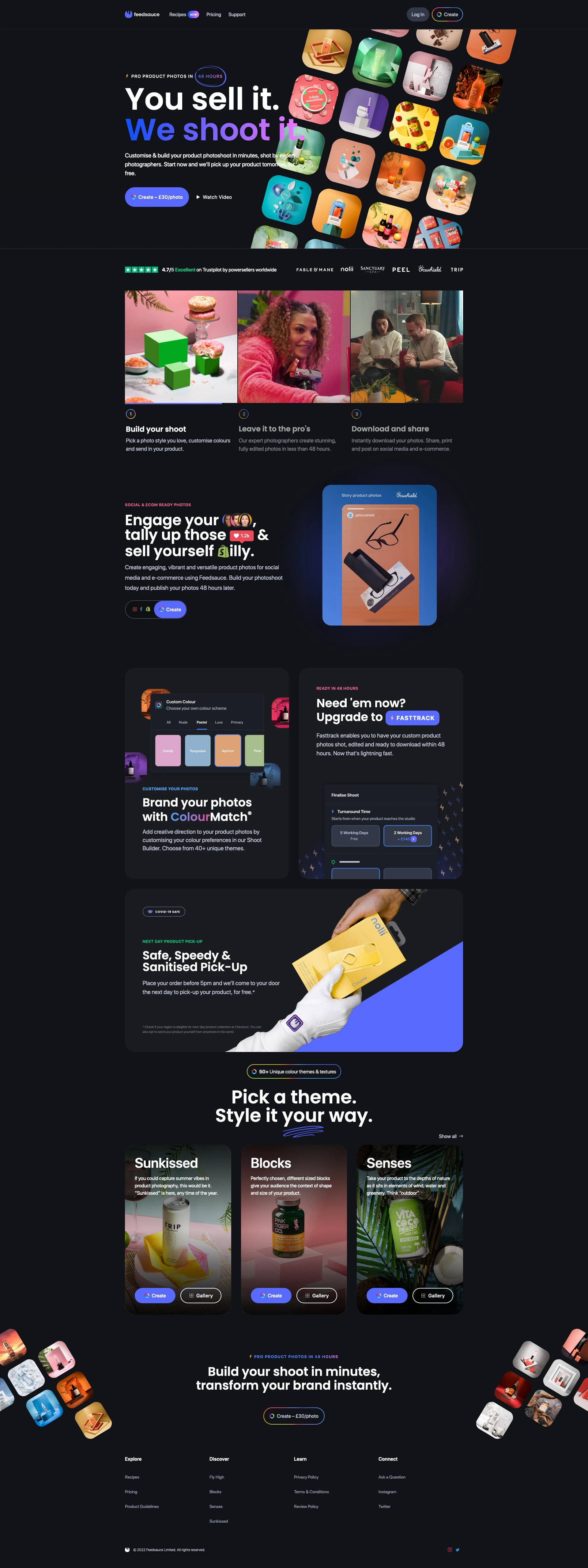 Feedsauce Landing Page Example: Customise and build your product photoshoot in a few clicks. Shopify & Instagram ready photos in 48 hours and we’ll pick up your product tomorrow, for free.