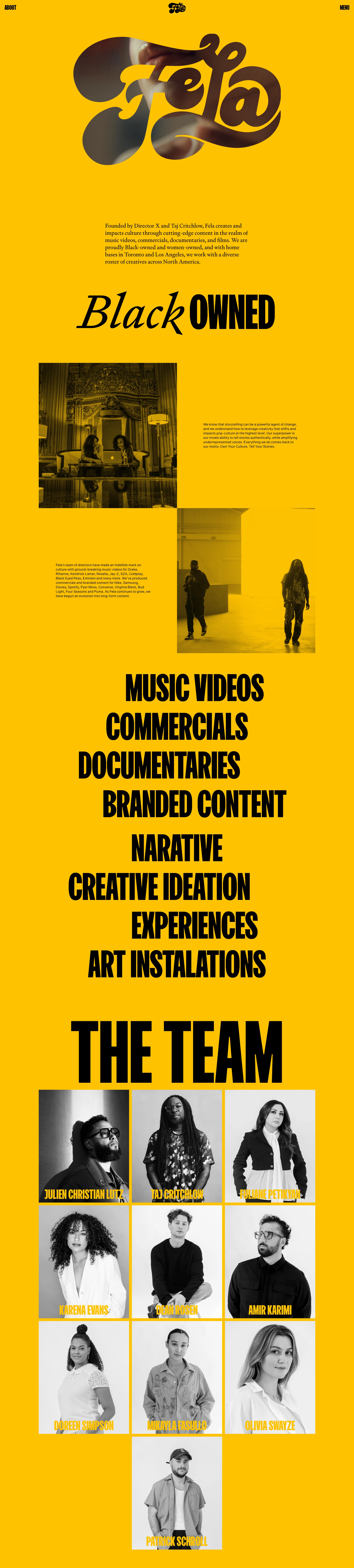 Fela Landing Page Example: A Toronto and Los Angeles-based production company that specializes in making cutting-edge content in the realm of music videos, commercials, documentaries and films.