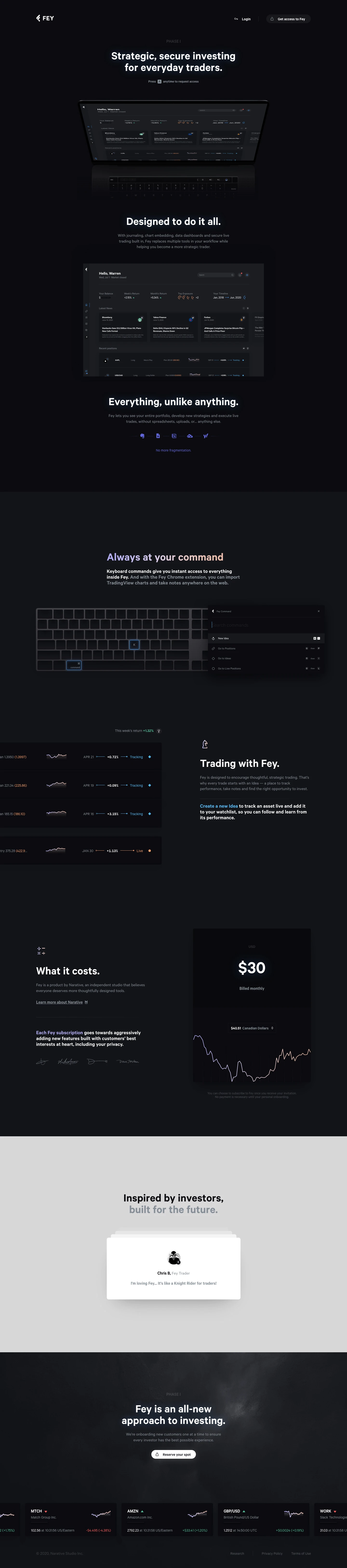 Fey Landing Page Example: Fey provides journaling, chart embedding, data dashboards and secure live trading all in one platform to help you become a more strategic trader.
