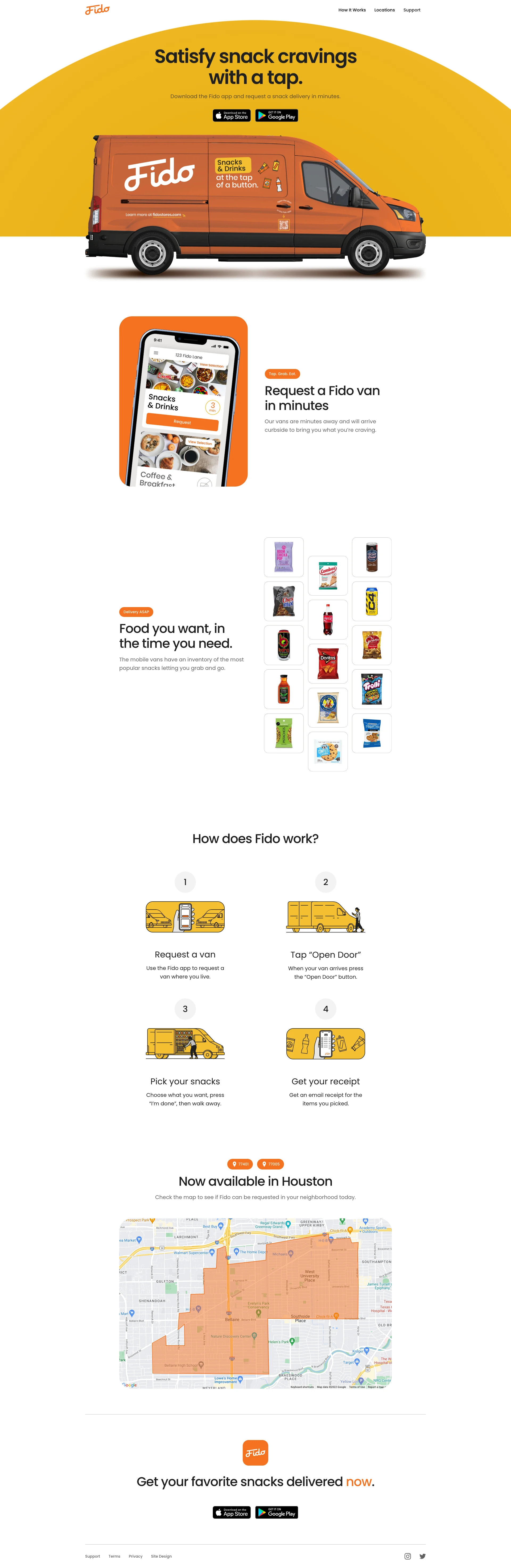 Fido Landing Page Example: Your favorite snacks delivered now. Satisfy snack cravings with a tap.