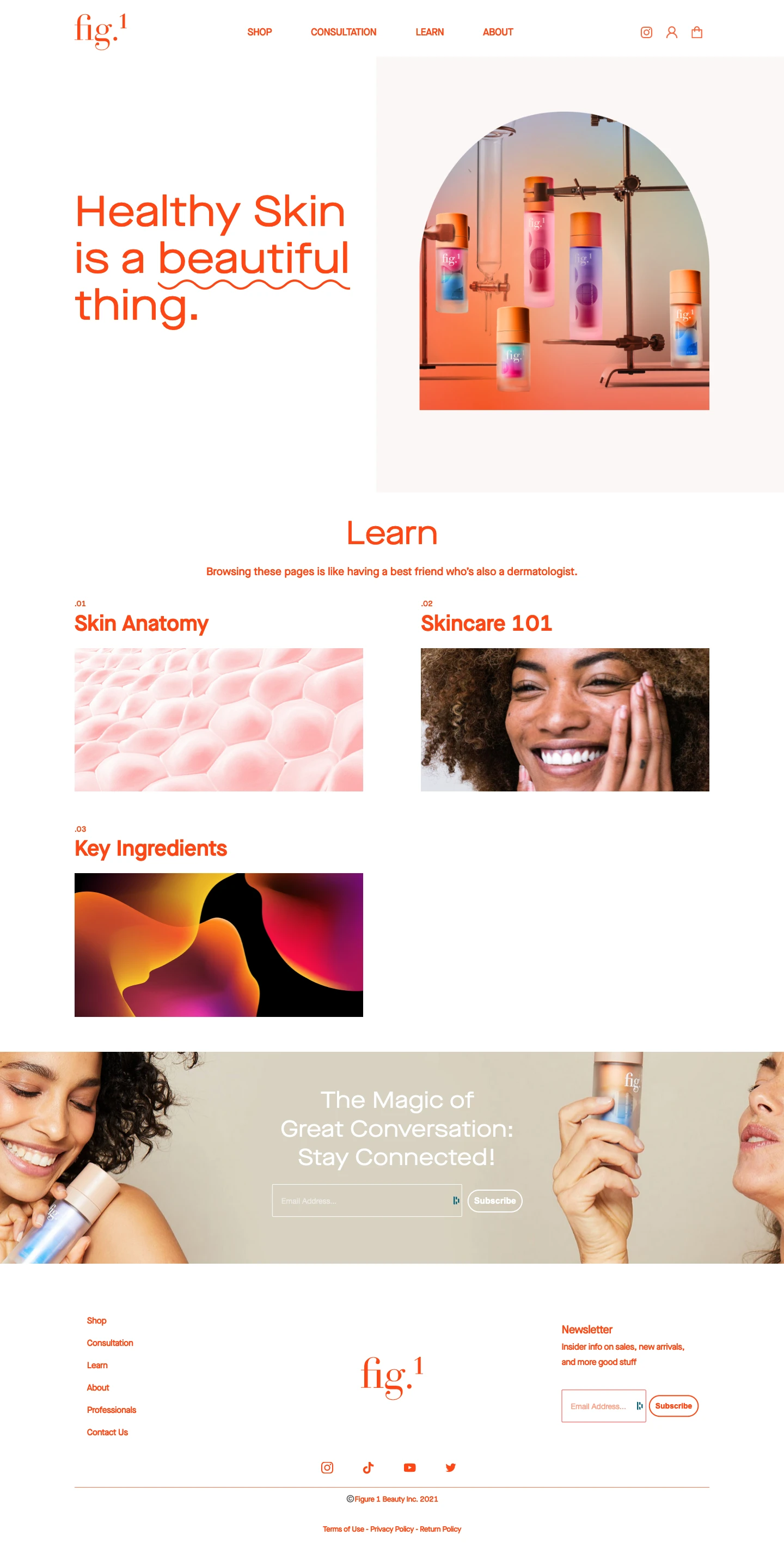 Figure 1 Beauty Landing Page Example: This is what great chemistry feels like. We don’t treat your skin like a problem to be solved. We love your healthy skin, and you will too! We deliver simple, science-backed skincare, with you as the hero ingredient.