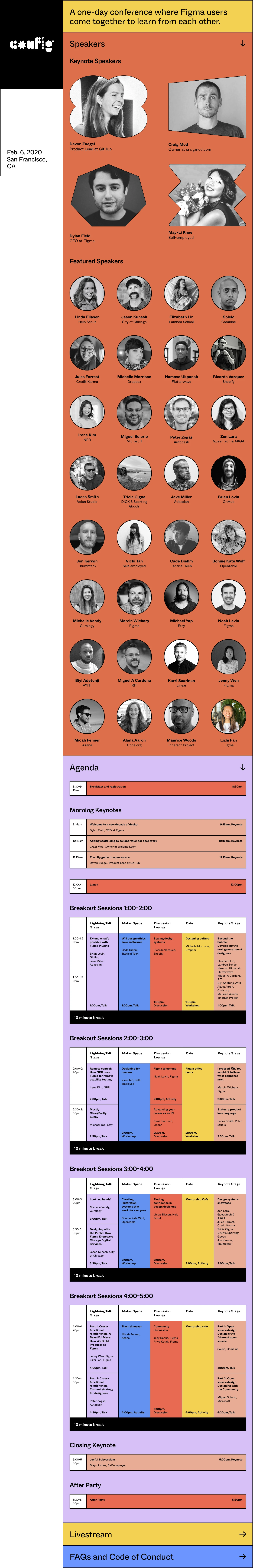 Config by Figma Landing Page Example: A one-day conference where Figma users come together to learn from each other. Feb. 6, 2020, San Francisco, CA