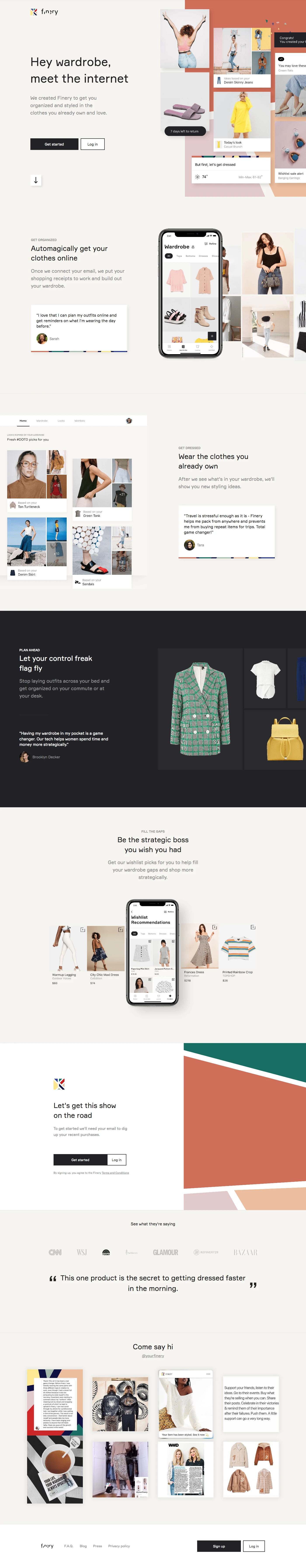 Finery Landing Page Example: The world's first operating system for your wardrobe. We created Finery to get you organized and styled in the clothes you already have and love.