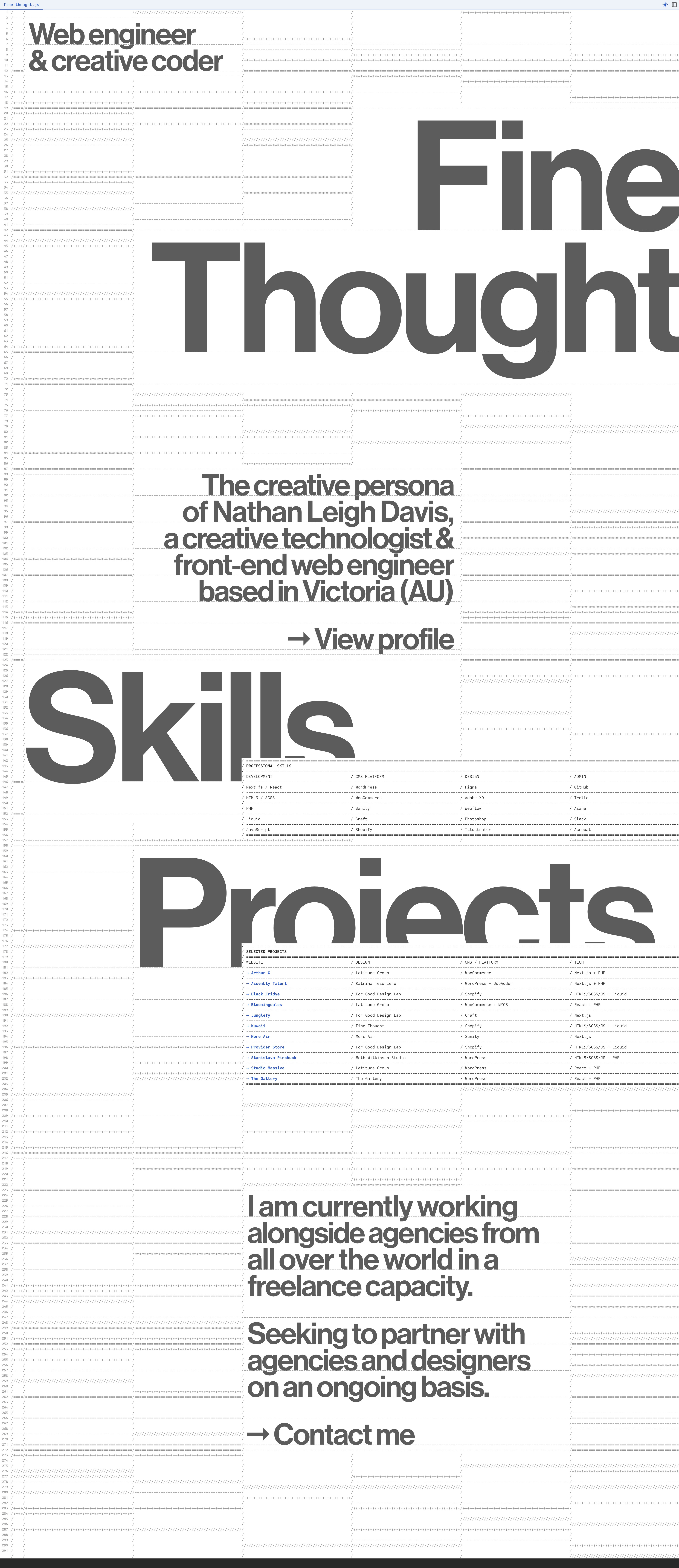 Fine Thought Landing Page Example: The creative persona of Nathan Leigh Davis, a creative technologist and front-end web engineer based in Victoria, Australia.