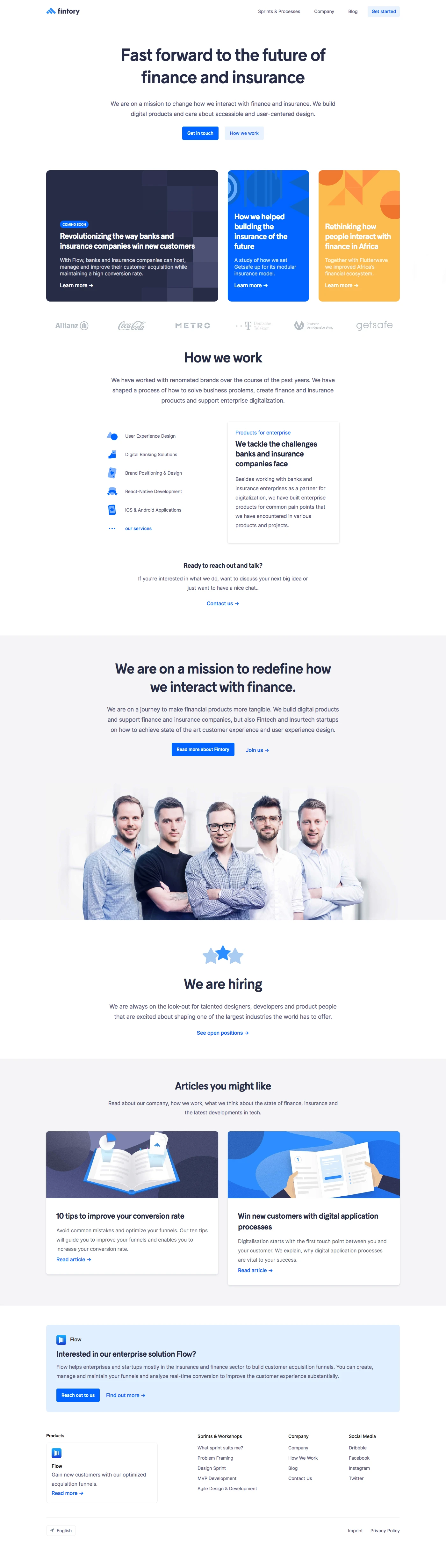 Fintory Landing Page Example: We are on a mission to change how we interact with finance and insurance. We build digital products and care about accessible and user-centered design.
