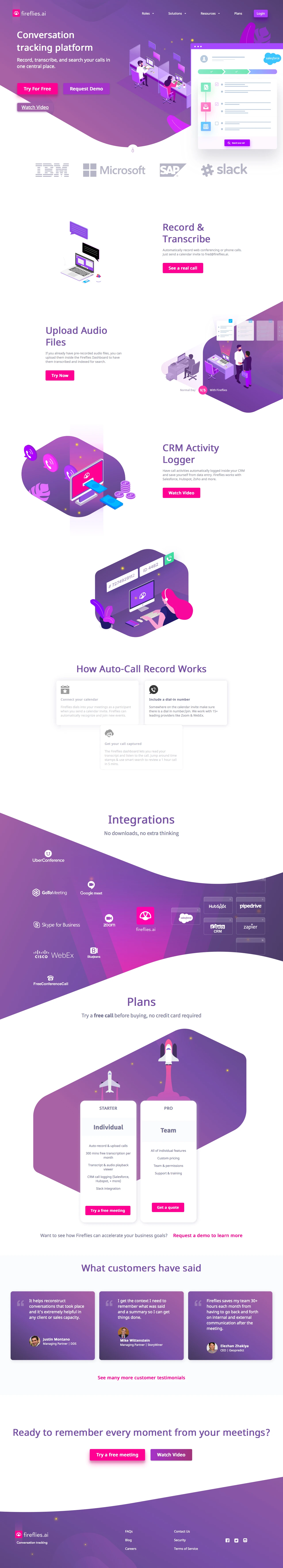 Fireflies.ai Landing Page Example: Record, transcribe, and search your calls in one central place. Fireflies lets you search all your past convos and create action items in seconds. Easiest meeting minutes, ever.