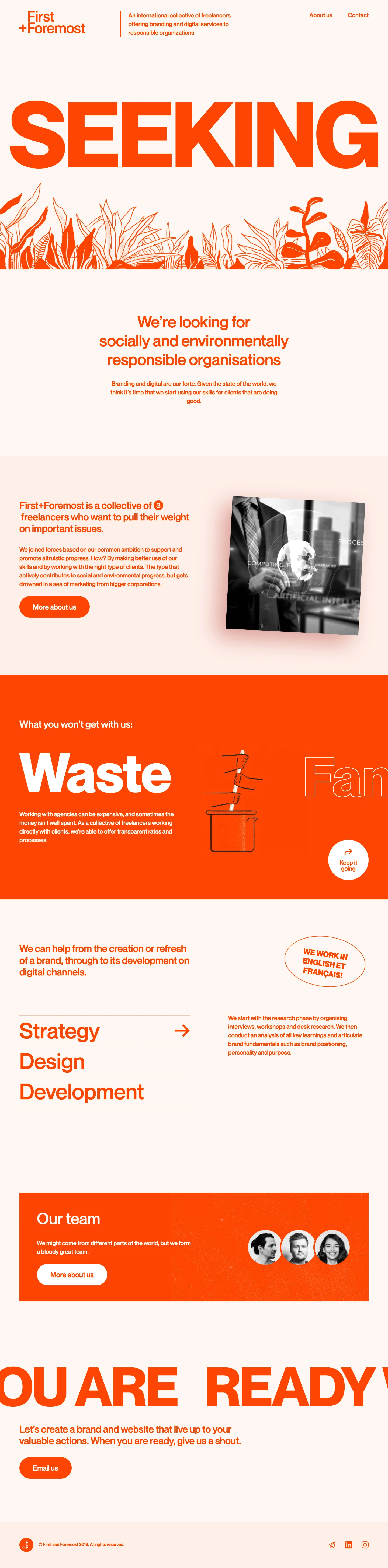 First and Foremost Landing Page Example: An international collective of freelancers offering branding and digital services to responsible organizations.