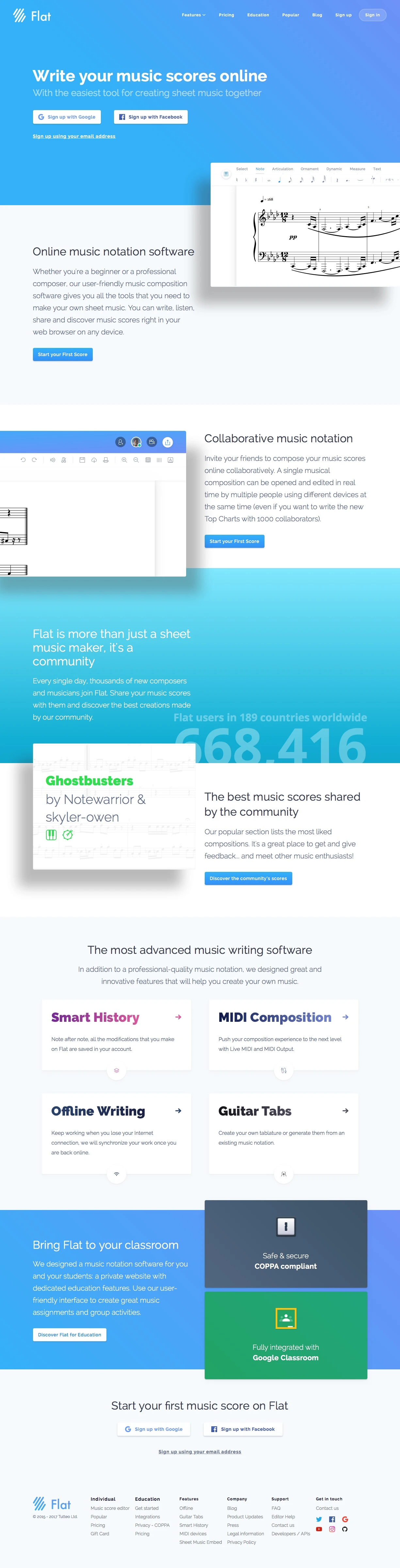 Flat Landing Page Example: Online collaborative music notation software