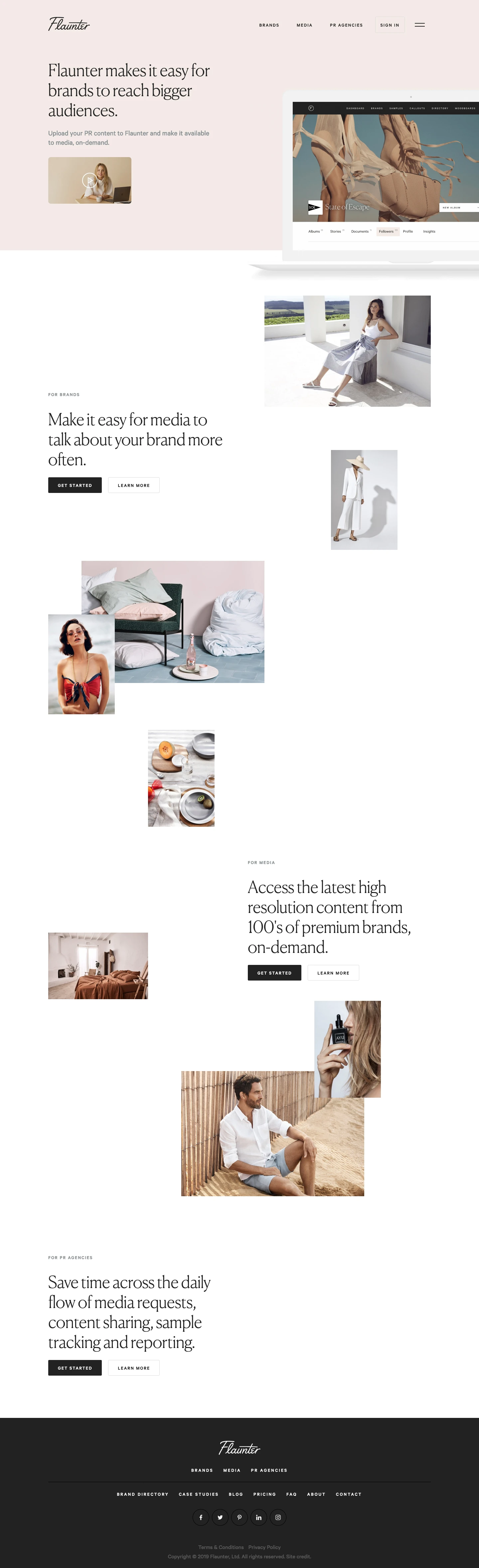 Flaunter Landing Page Example: Flaunter makes it easy for brands to reach bigger audiences. Upload your PR content to Flaunter and make it available to media, on-demand.