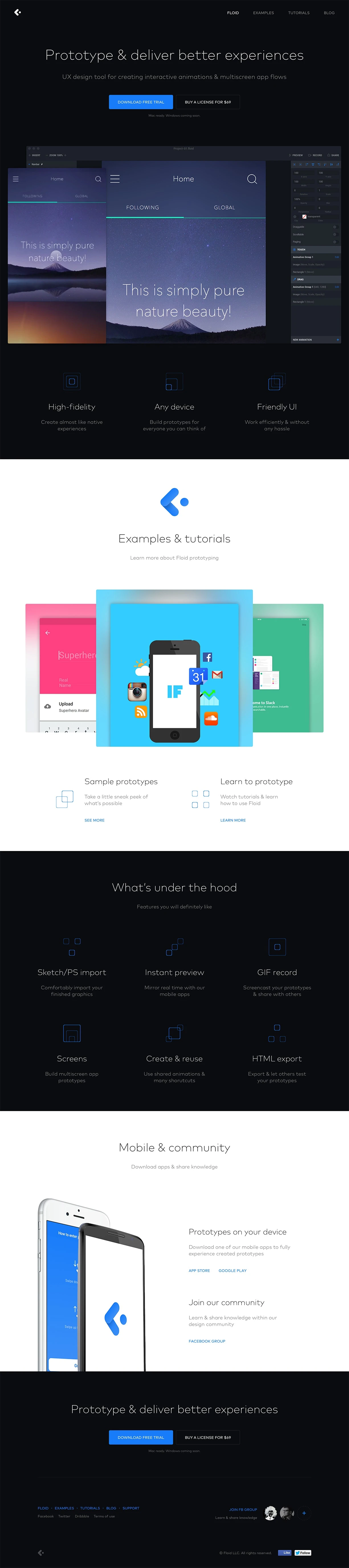 Floid Landing Page Example: UX design tool for creating interactive animations & multiscreen app flows