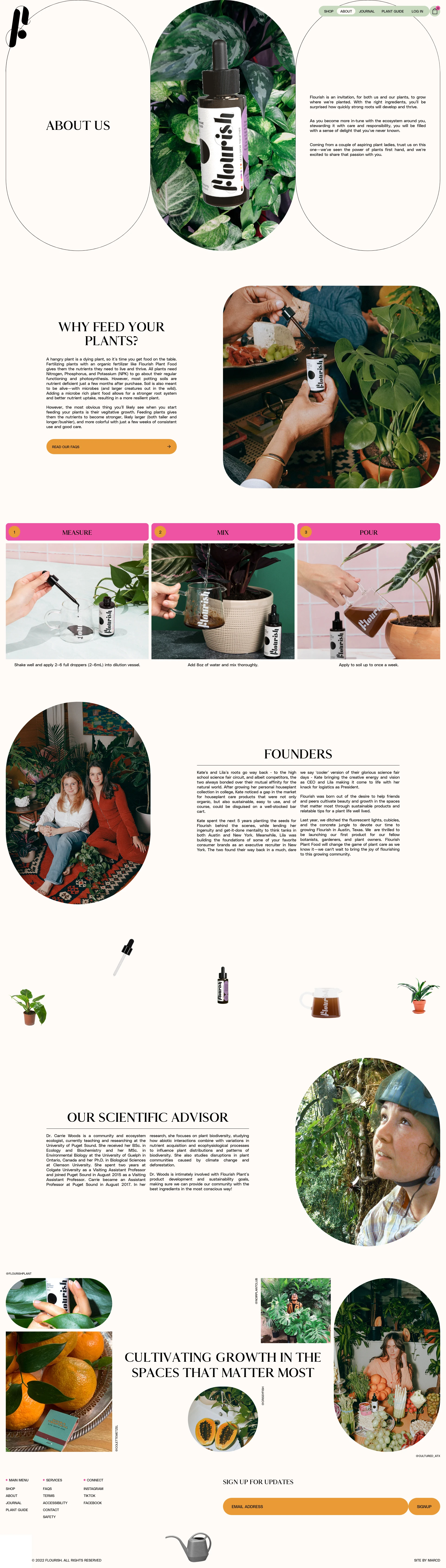 Flourish Landing Page Example: Flourish is rooted in community and committed to being your home base for all things plant care. Use us as a resource and together, let's inspire a world where we can all flourish.