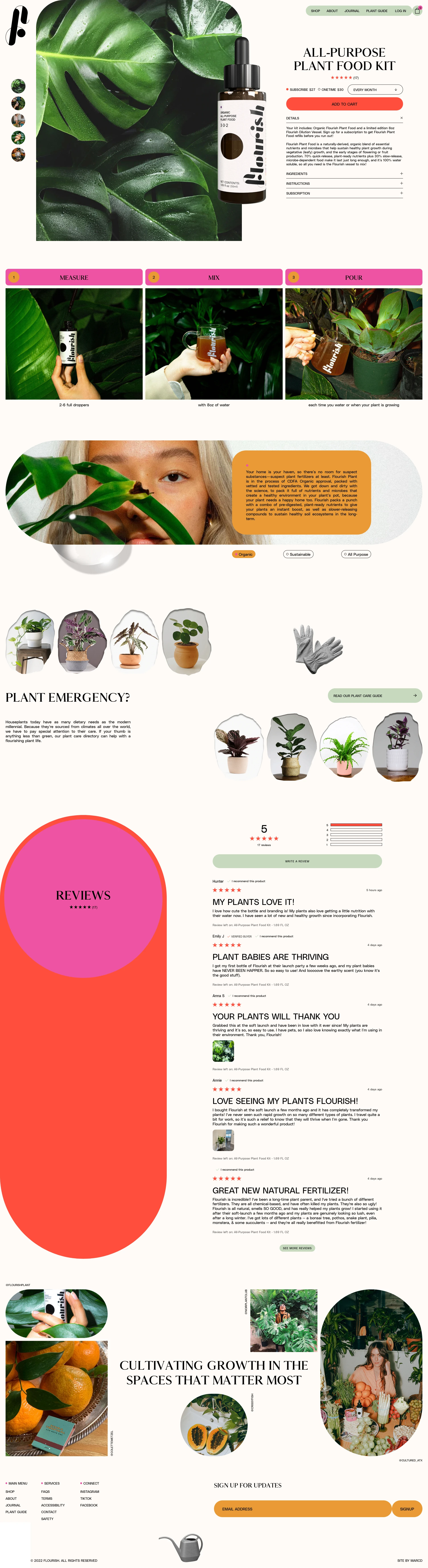 Flourish Landing Page Example: Flourish is rooted in community and committed to being your home base for all things plant care. Use us as a resource and together, let's inspire a world where we can all flourish.