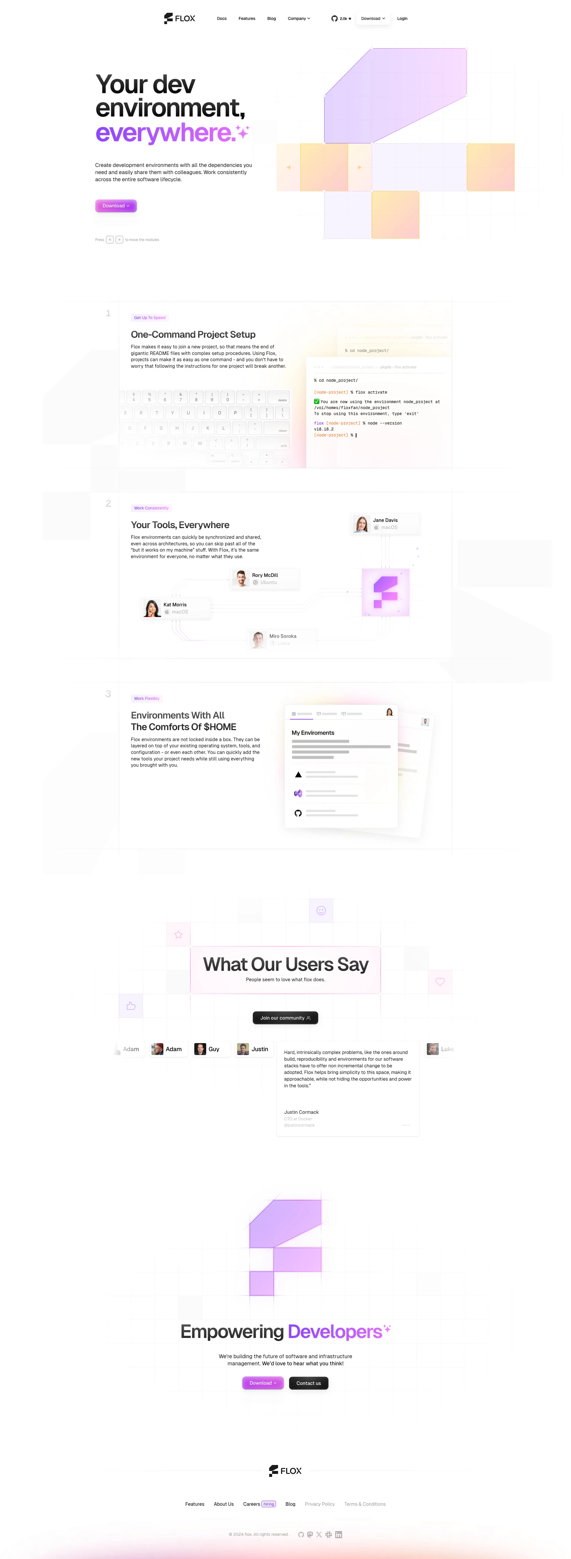 Flox Landing Page Example: Your dev environment, everywhere. Create development environments with all the dependencies you need and easily share them with colleagues. Work consistently across the entire software lifecycle.