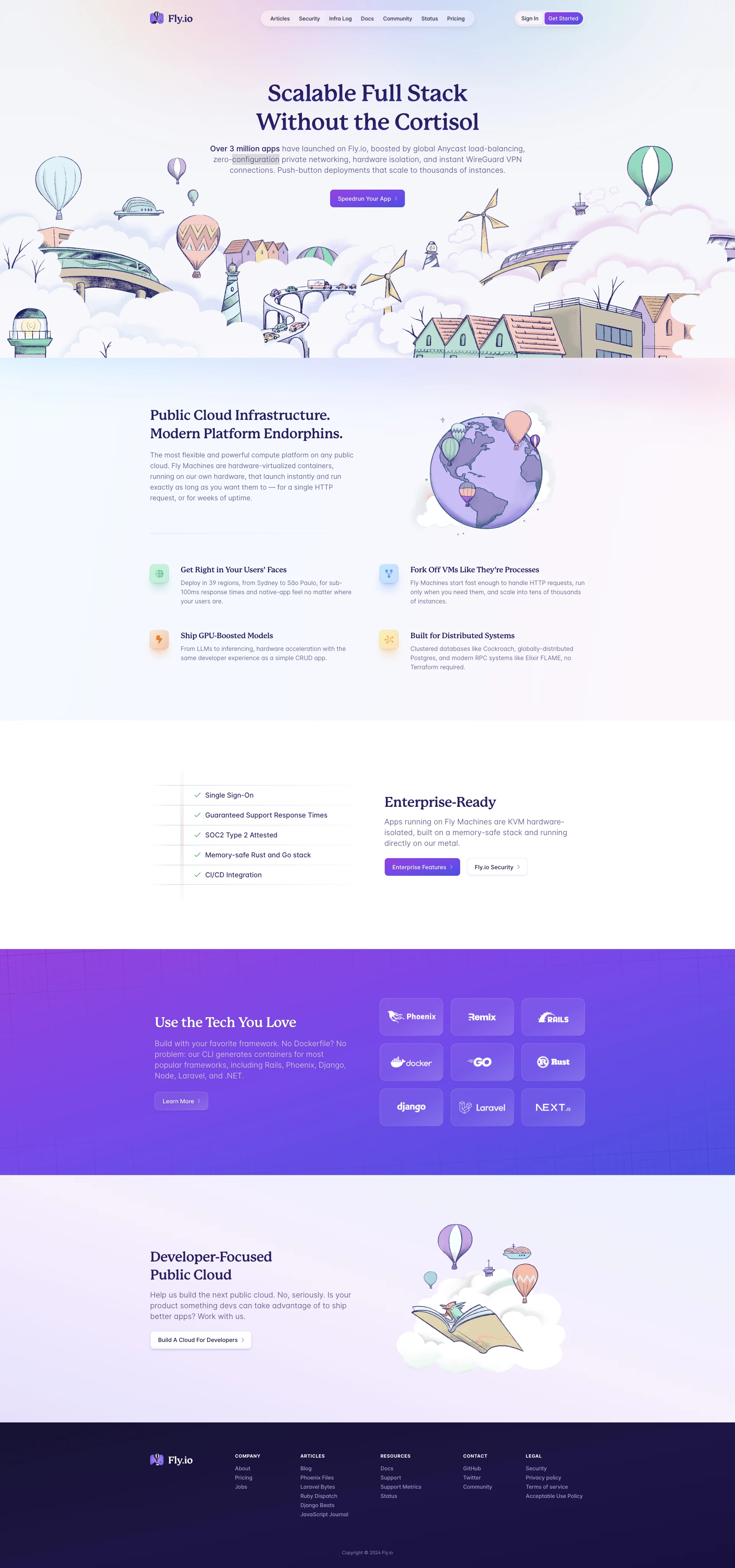 Fly Landing Page Example: Over 3 million apps have launched on Fly.io, boosted by global Anycast load-balancing, zero-configuration private networking, hardware isolation, and instant WireGuard VPN connections. Push-button deployments that scale to thousands of instances.