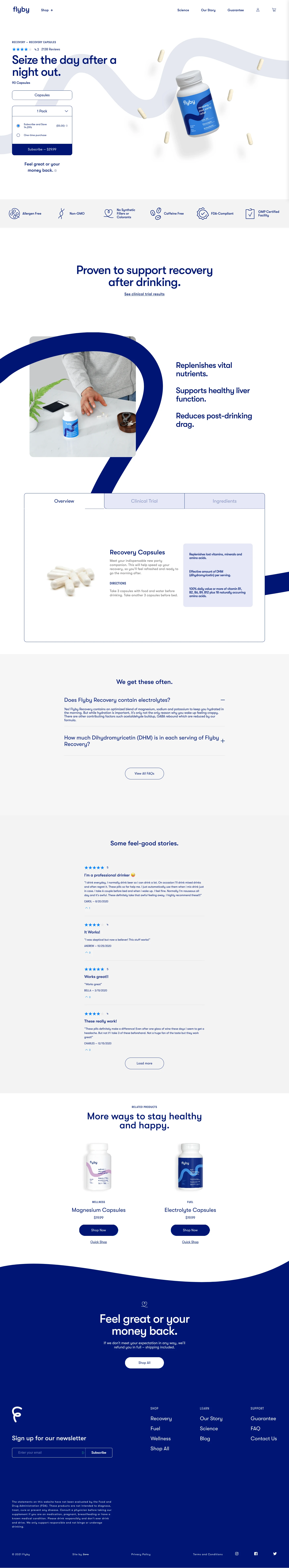 Flyby Landing Page Example: Science-backed, effective wellness aids to help you feel good, and do more. We put in exhaustive research and testing into all of our formulas to make sure they’re safe and effective.