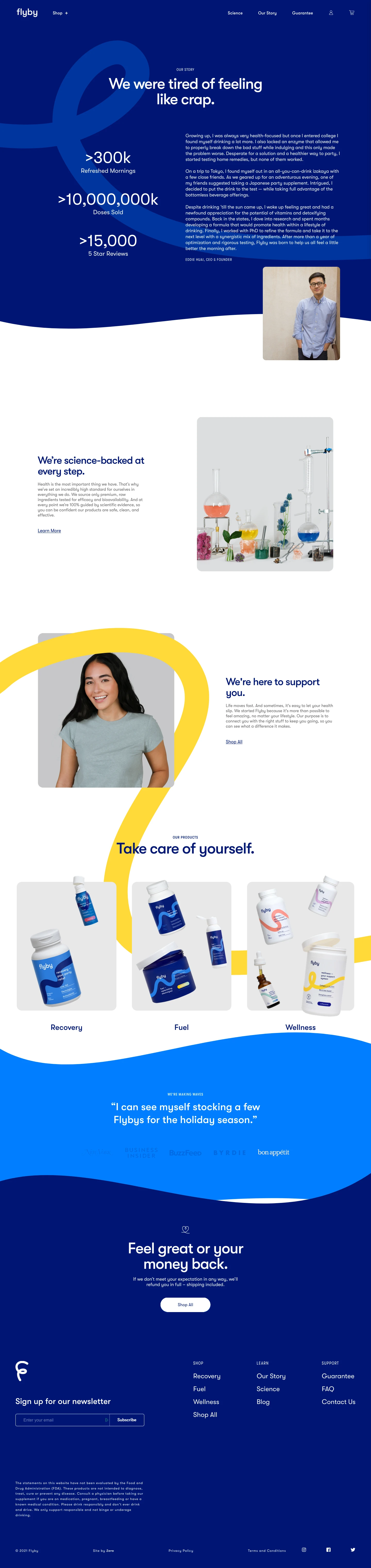 Flyby Landing Page Example: Science-backed, effective wellness aids to help you feel good, and do more. We put in exhaustive research and testing into all of our formulas to make sure they’re safe and effective.