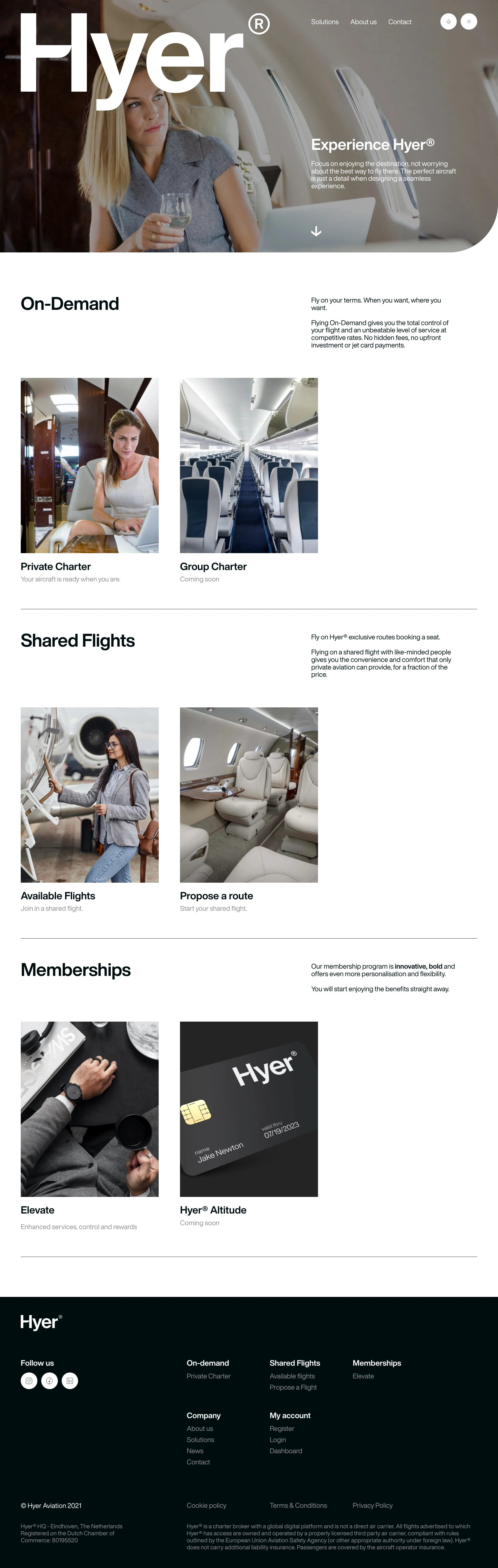 HYER Landing Page Example: We believe that in a world where passengers have become numbers, a personal approach is key to ensure you get the most out of your flying experience.