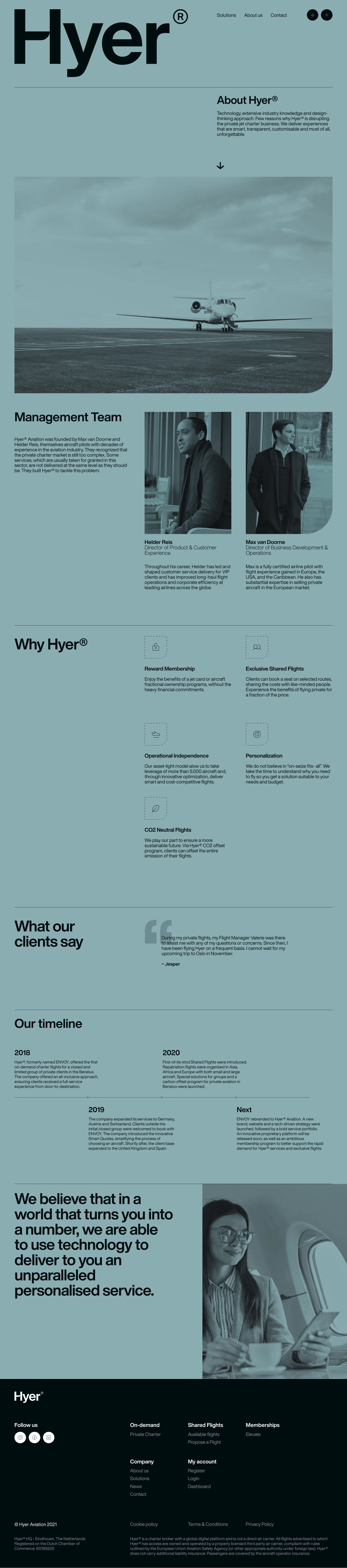 HYER Landing Page Example: We believe that in a world where passengers have become numbers, a personal approach is key to ensure you get the most out of your flying experience.