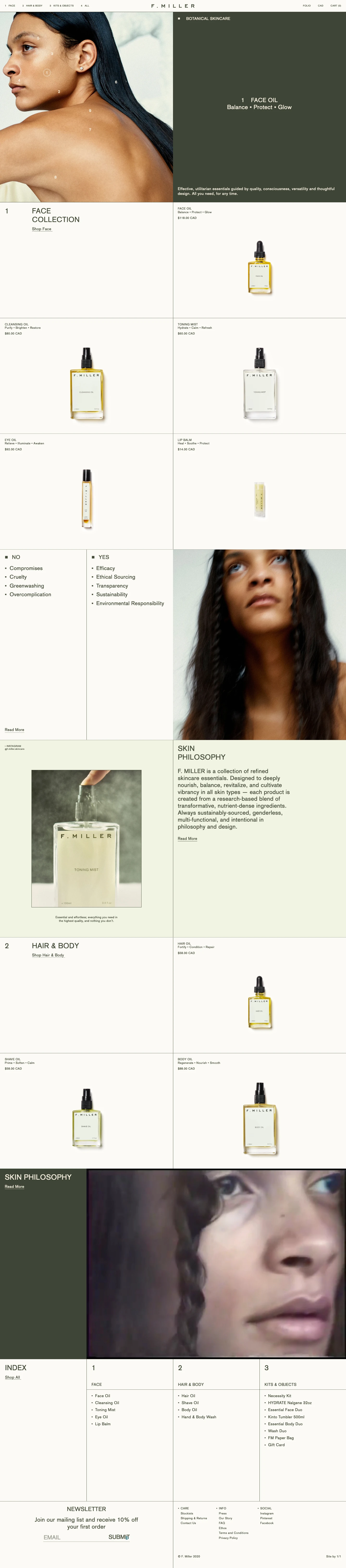 F. Miller Skincare Landing Page Example: Effective, uncompromising essentials guided by quality, consciousness, versatility and thoughtful design. All you need, for any time.
