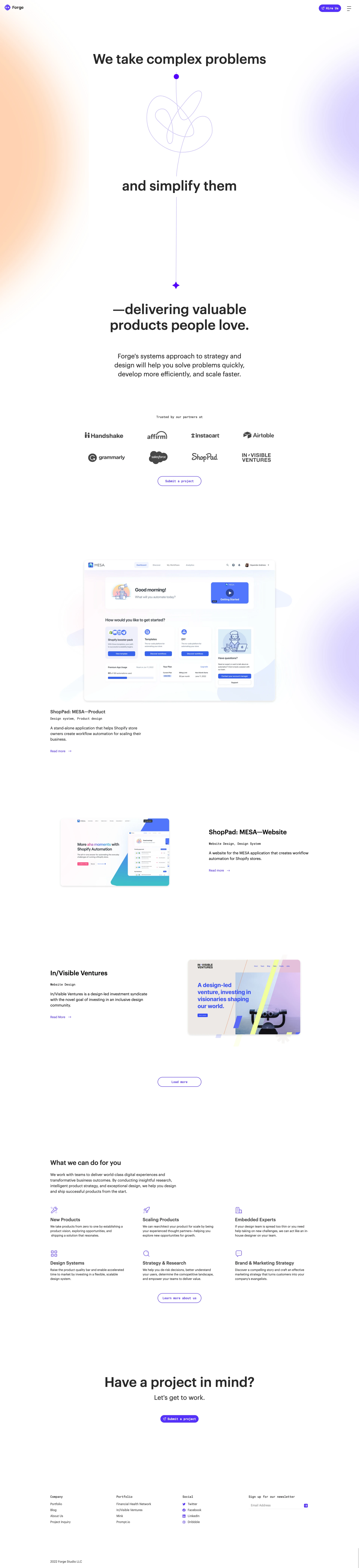 Forge Studio Landing Page Example: Forge Studio, a fully remote user research and UI/UX design agency based in the San Francisco Bay Area.
