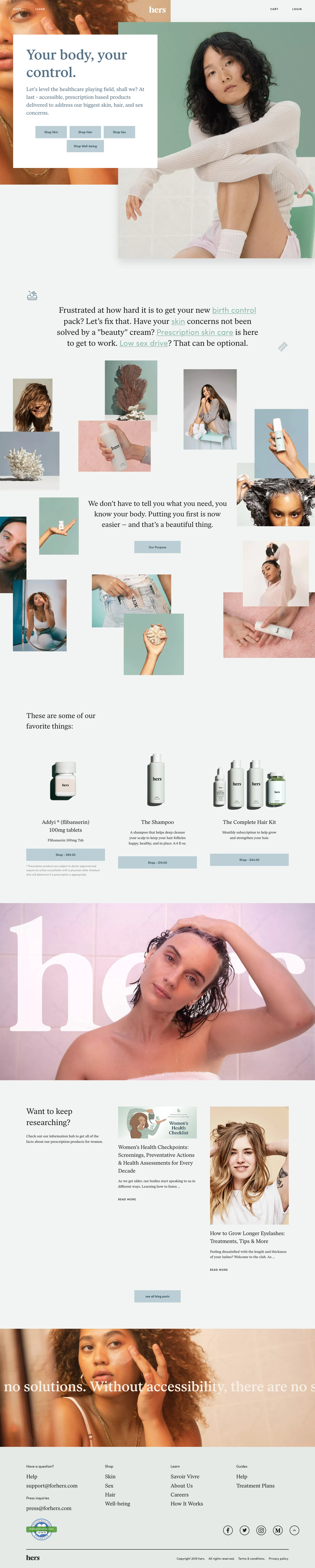 hers Landing Page Example: hers is a one-stop shop for women's health and personal care providing medical grade solutions for skin care, birth control, and sexual health. everything is prescribed online and shipped directly to your door.
