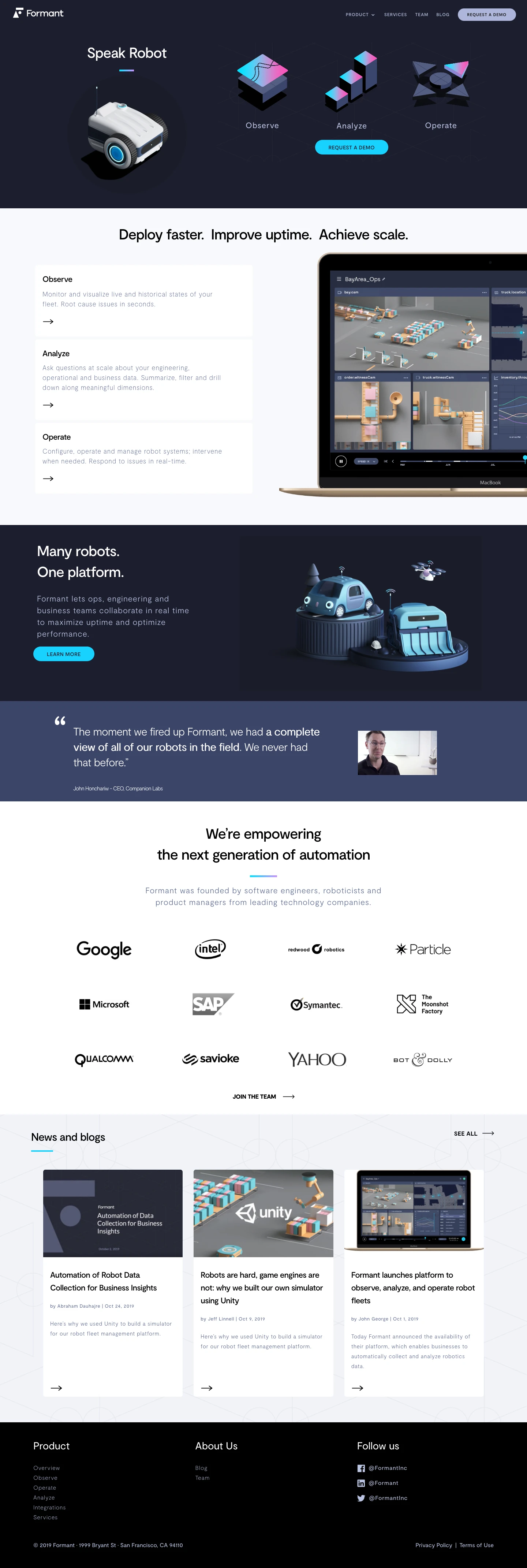 Formant Landing Page Example: Formant lets ops, engineering and business teams collaborate in real time to maximize uptime and optimize performance.