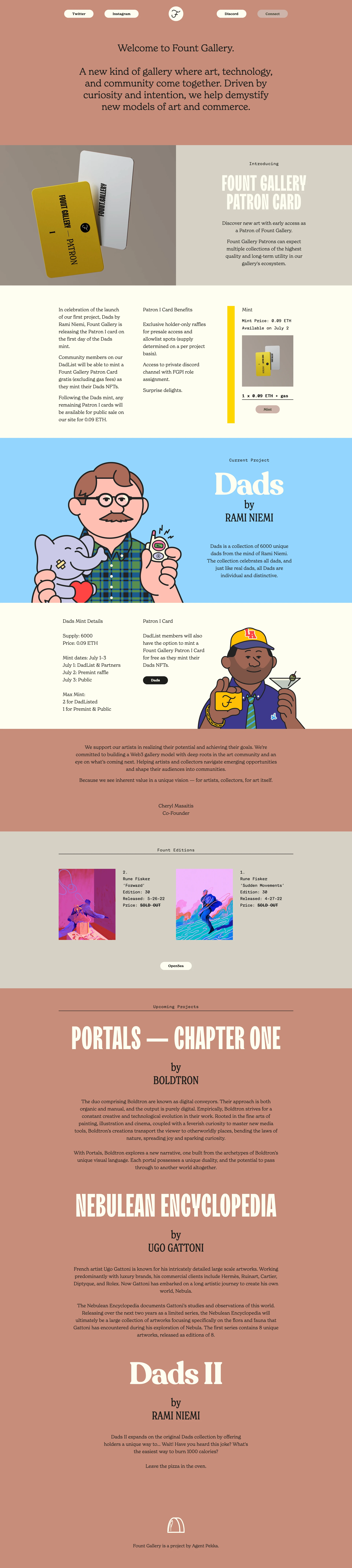 Fount Gallery Landing Page Example: A new kind of gallery where art, technology, and community come together. Driven by curiosity and intention, we help demystify new models of art and commerce.