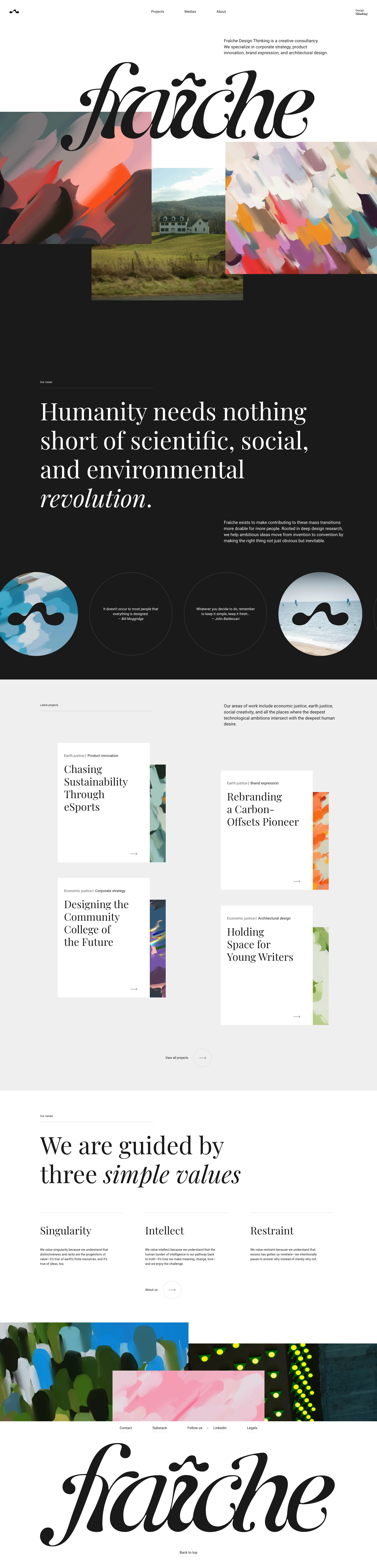 Fraîche Design Thinking Landing Page Example: Fraîche Design Thinking is a creative consultancy rooted in research, corporate strategy, product innovation, brand expression, and architectural design.