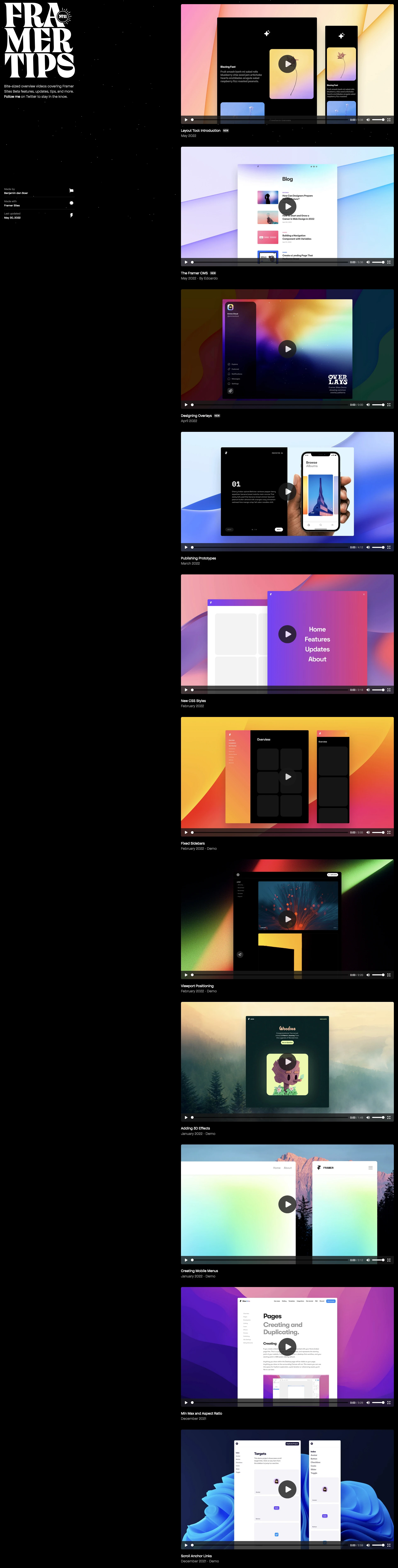 Framer Tips Landing Page Example: Bite-sized overview videos covering Framer Sites features, updates, tips, and more.