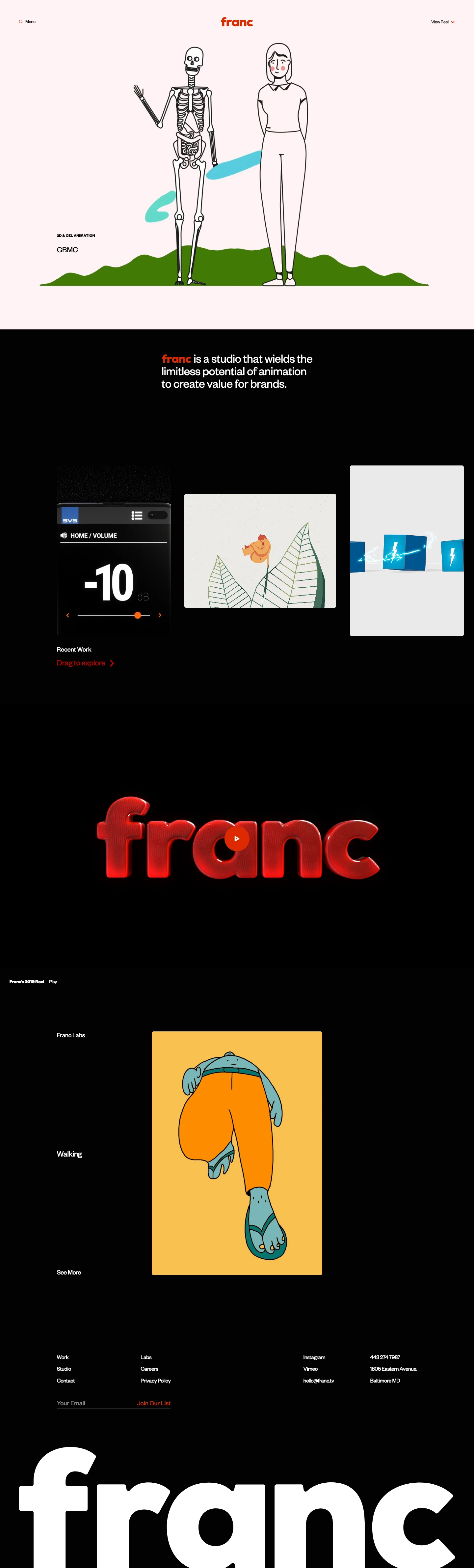 Franc Landing Page Example: Franc is a studio that wields the limitless potential of animation to create value for brands.