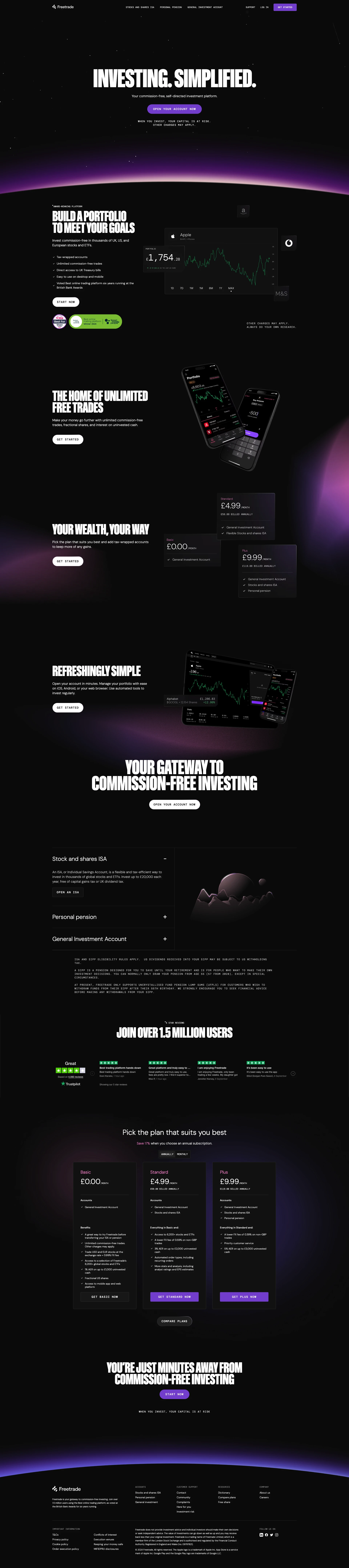 Freetrade Landing Page Example: Invest in stocks and ETFs without commission when buying and selling shares. Instant online stock trading. Awarded best online trading app 3 years in a row.