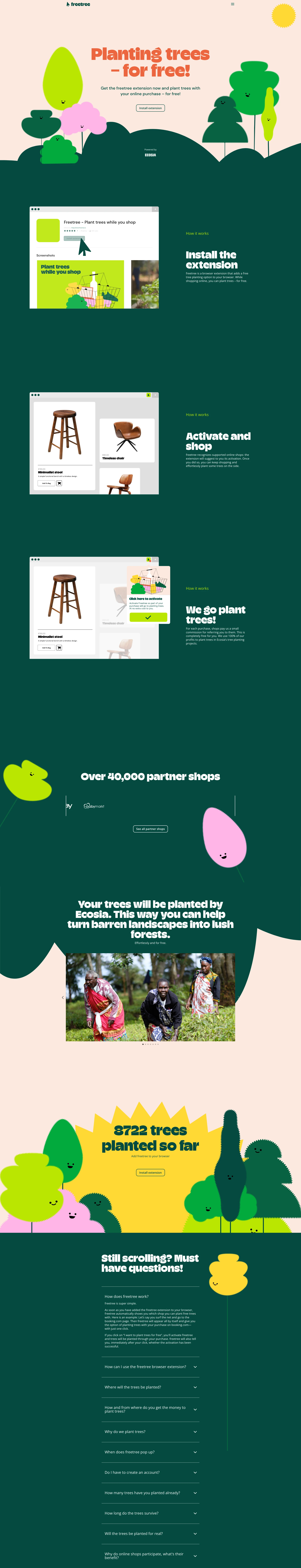 freetree Landing Page Example: Planting trees while shopping the web. This you can do with freetree. Just install the browser extension and let's plant trees together.