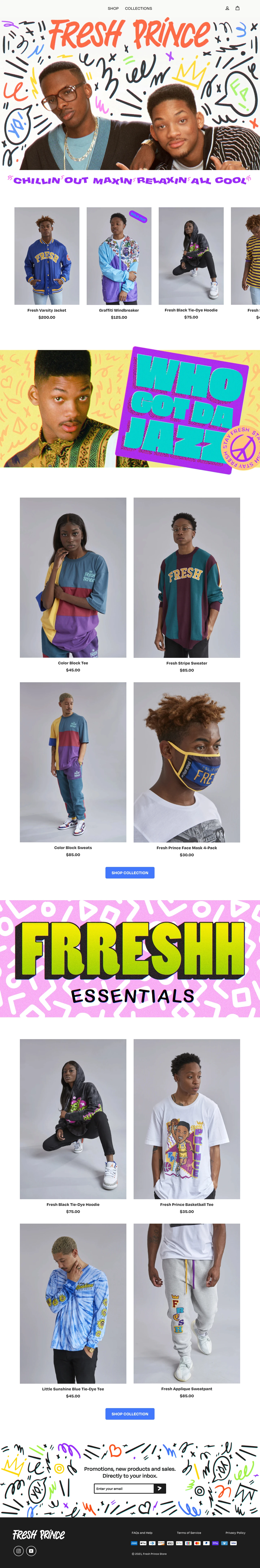 Fresh Prince Store Landing Page Example: Fresh Prince Collection featuring premium, exclusive apparel and gear is available for a limited time only.
