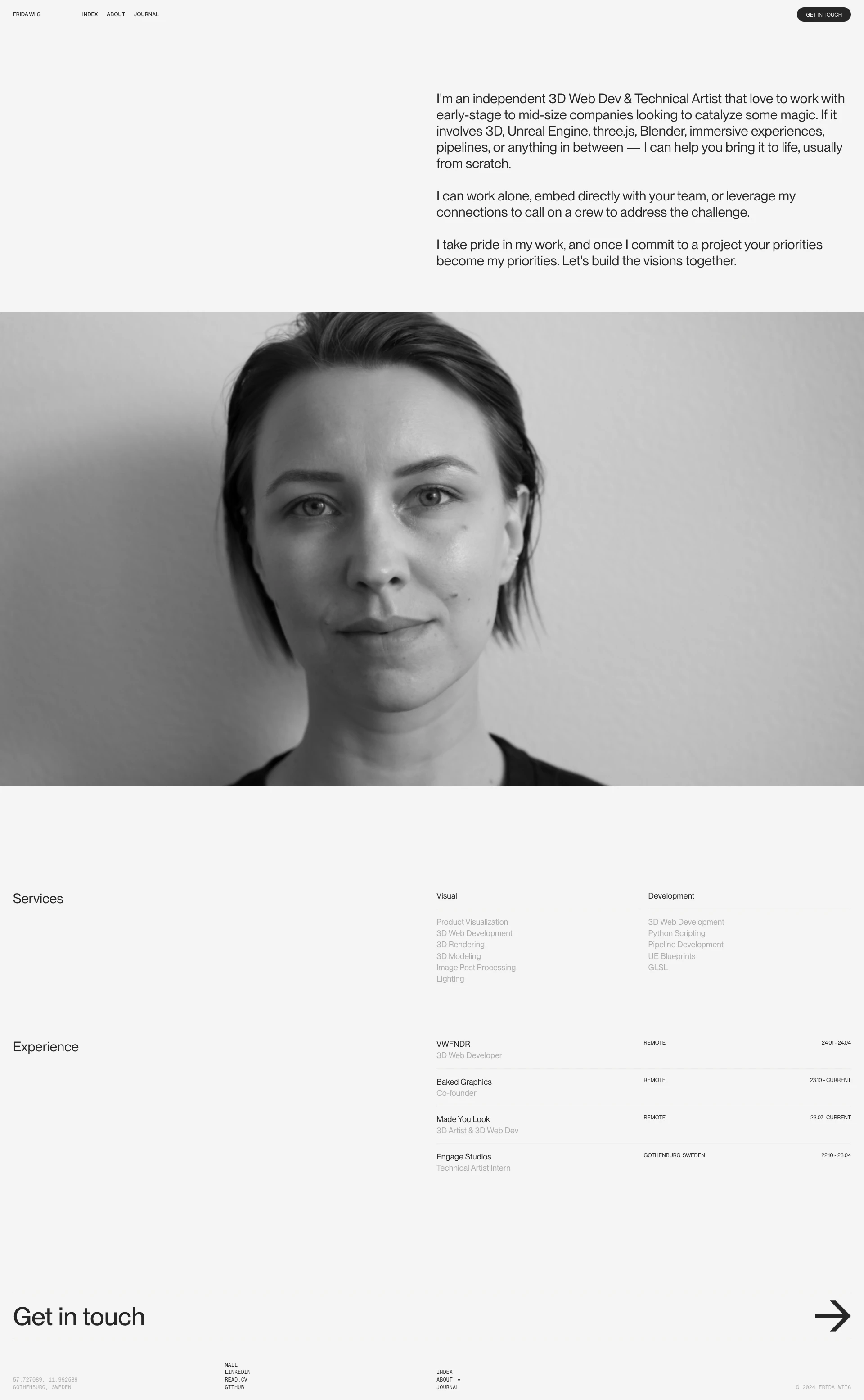 Frida Wiig Landing Page Example: I'm an independent 3D Web Dev & Technical Artist that love to work with early-stage to mid-size companies looking to catalyze some magic. If it involves 3D, Unreal Engine, three.js, Blender, immersive experiences, pipelines, or anything in between — I can help you bring it to life, usually from scratch.