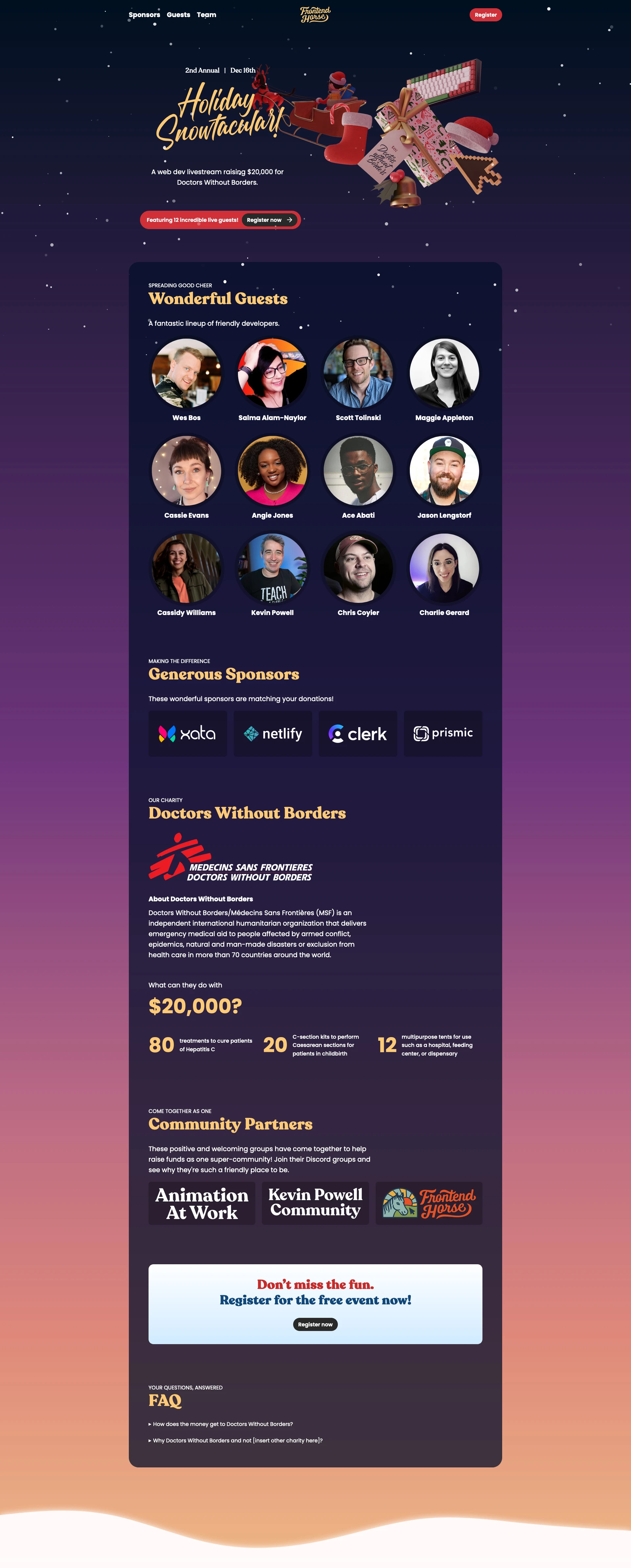 Holiday Snowtacular Landing Page Example: A web dev livestream raising $20,000 for Doctors Without Borders.