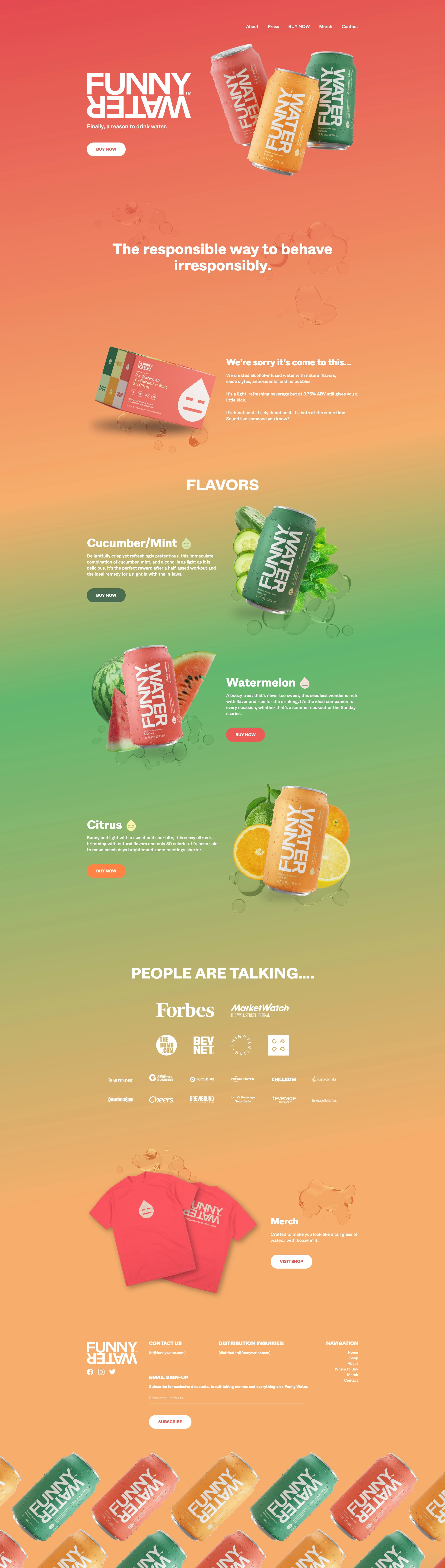 Funny Water Landing Page Example: Funny Water is alcohol-infused water with natural flavors, electrolytes, antioxidants, and no bubbles.