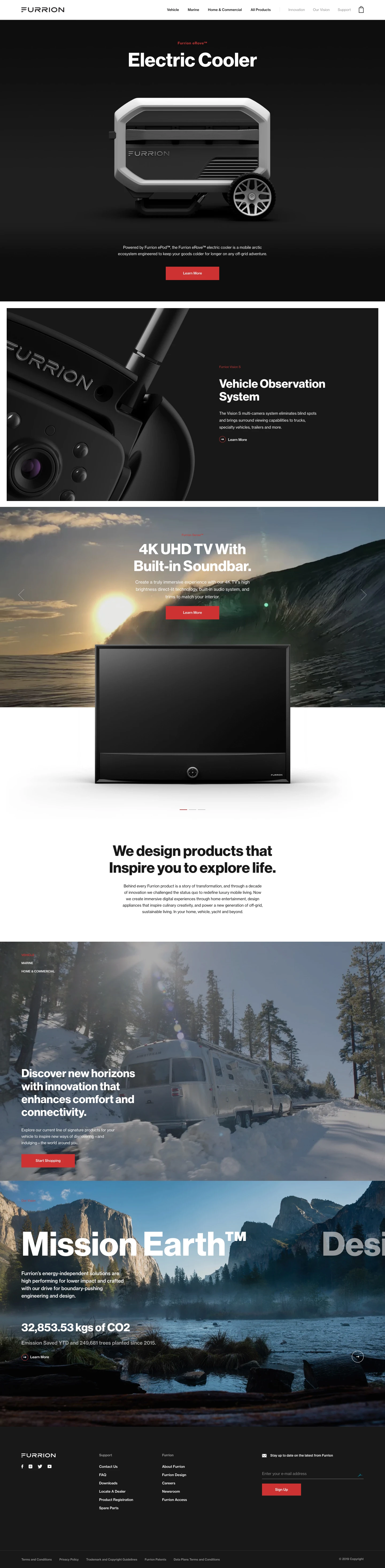 Furrion Landing Page Example: A wide range of modern and stylish cooktops, entertainment systems, speakers, LED TVs and power cables and connectors for home, RVs and yachts.