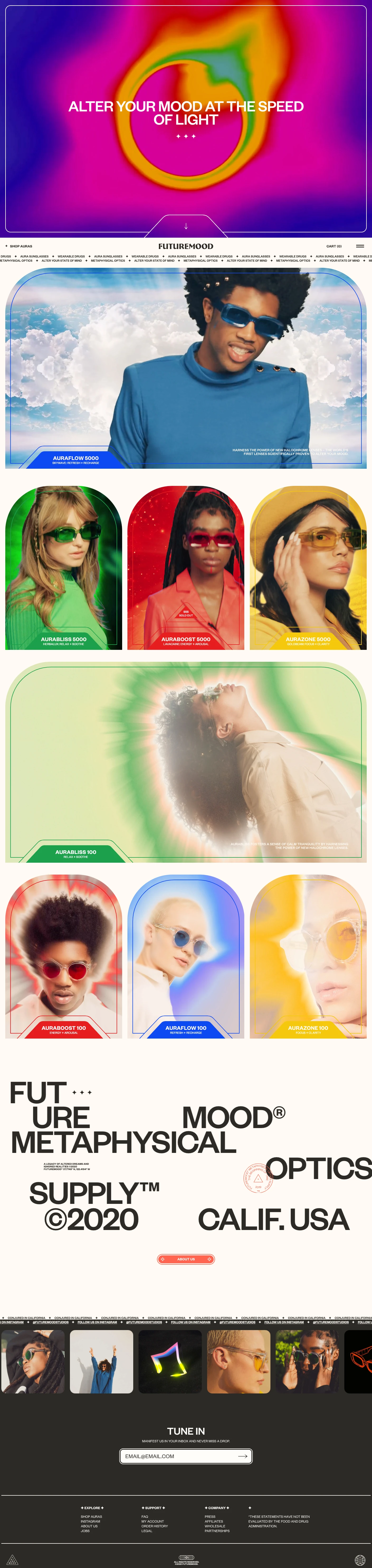 Futuremood Landing Page Example: Futuremood 'Auras' are the world's first sunglasses proven to alter your mood at the speed of light. Harness the power of new Halochrome Lenses that are scientifically tested and proven to alter your state of mind.