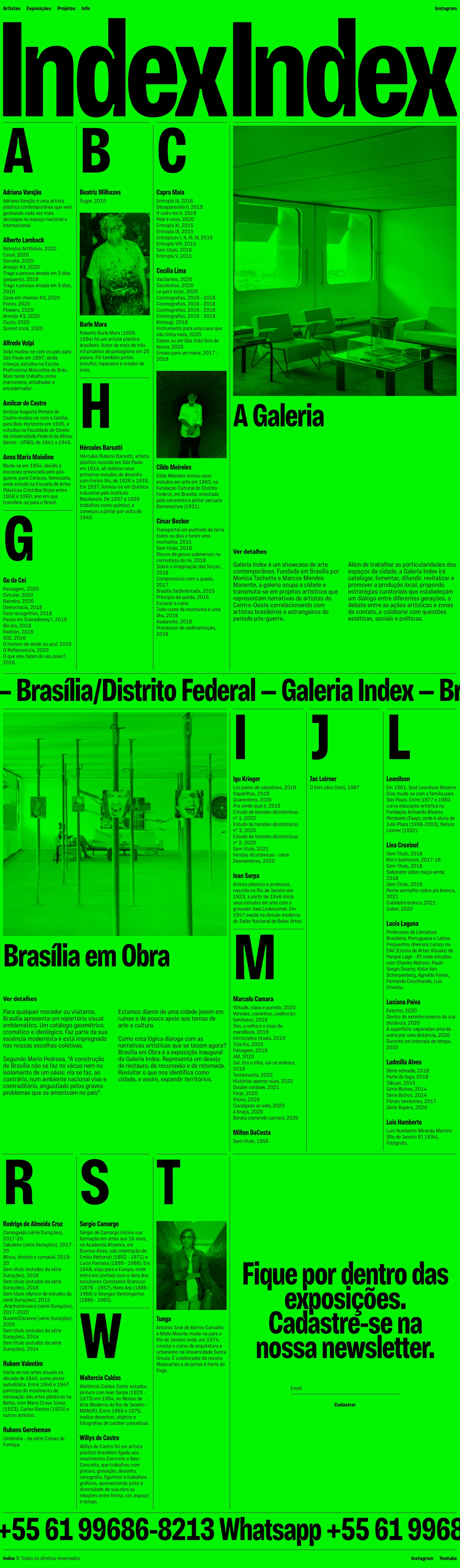Index Landing Page Example: Index Gallery aims to document, promote and exhibit Brasília's artistic production.